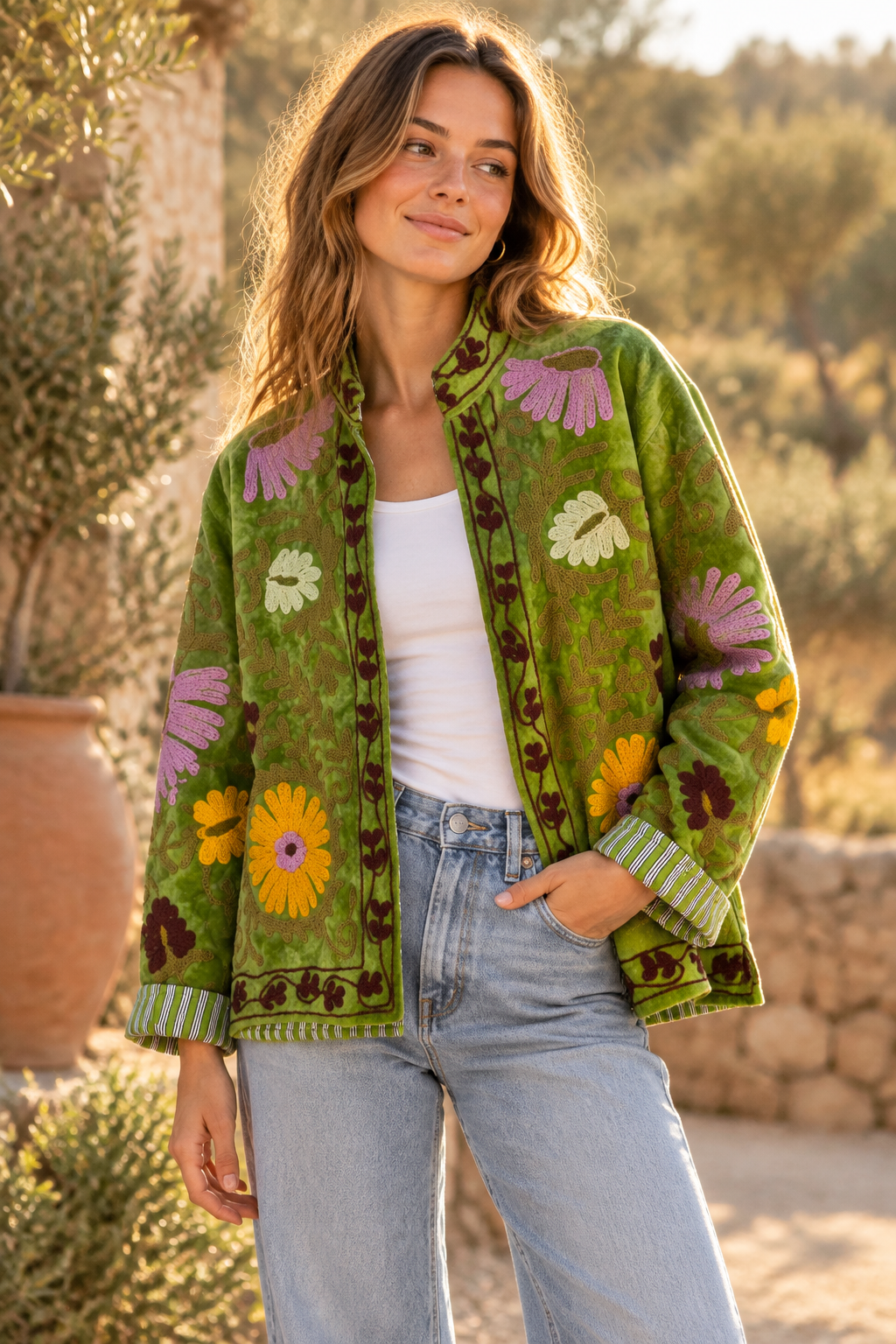 Chaqueta suzani terciopelo bordada verde